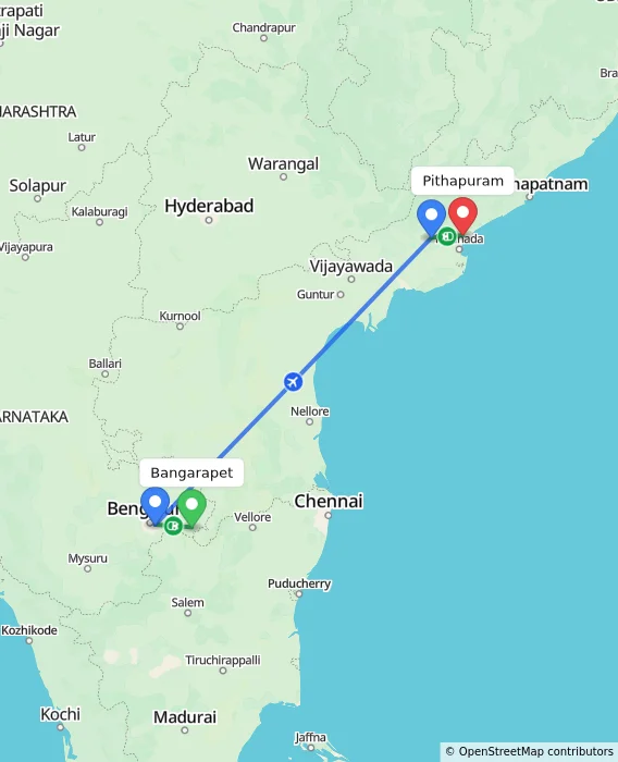 Route map showing distance and travel time from Bangarapet, India to Pithapuram, India