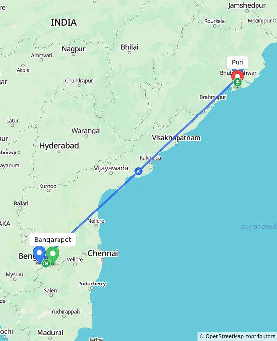 Route map showing distance and travel time from Bangarapet, India to Puri, India