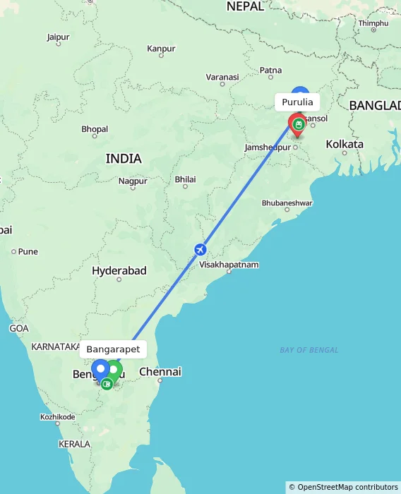 Route map showing distance and travel time from Bangarapet, India to Purulia, India