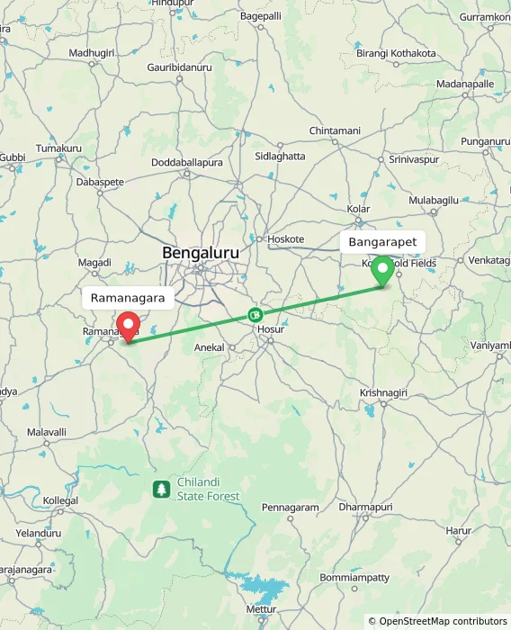 Route map showing distance and travel time from Bangarapet, India to Ramanagara, India