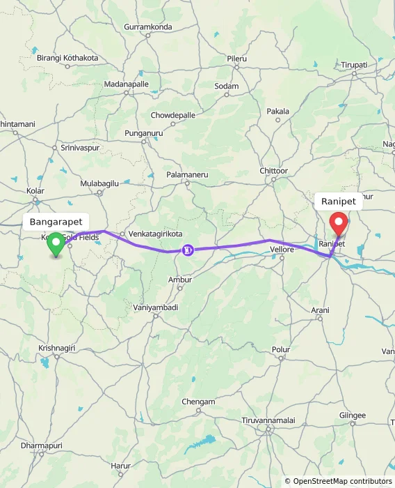 Route map showing distance and travel time from Bangarapet, India to Ranipet, India