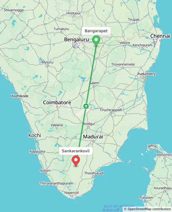 Route map showing distance and travel time from Bangarapet, India to Sankarankovil, India