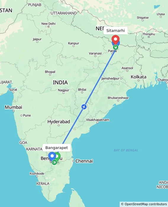 Route map showing distance and travel time from Bangarapet, India to Sitamarhi, India