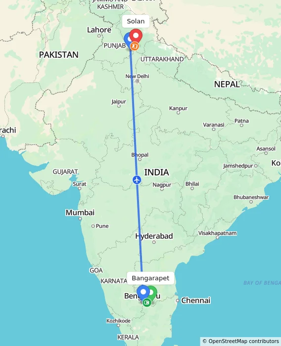 Route map showing distance and travel time from Bangarapet, India to Solan, India