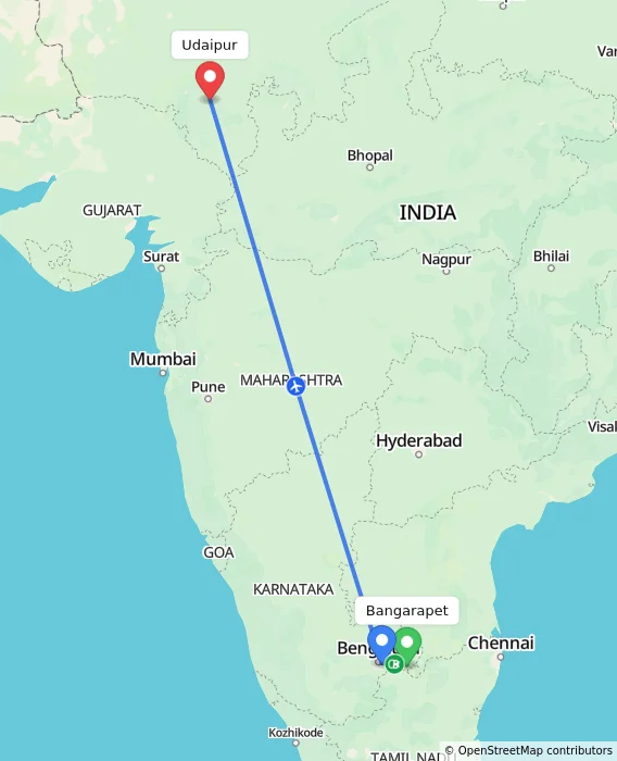 Route map showing distance and travel time from Bangarapet, India to Udaipur, India