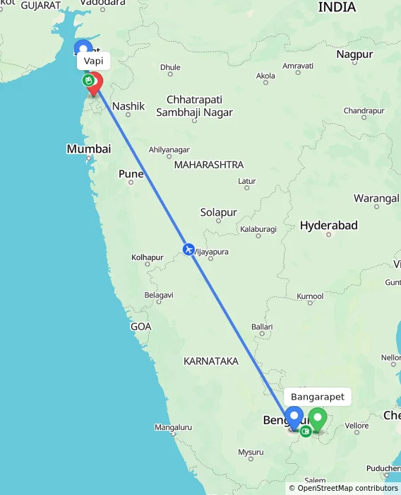 Route map showing distance and travel time from Bangarapet, India to Vapi, India