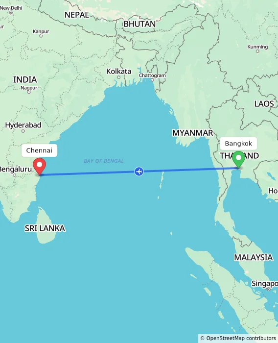 Route map showing distance and travel time from Bangkok, Thailand to Chennai, India