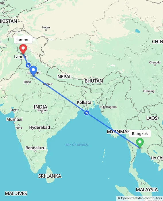 Route map showing distance and travel time from Bangkok, Thailand to Jammu, India