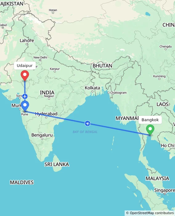 Route map showing distance and travel time from Bangkok, Thailand to Udaipur, India