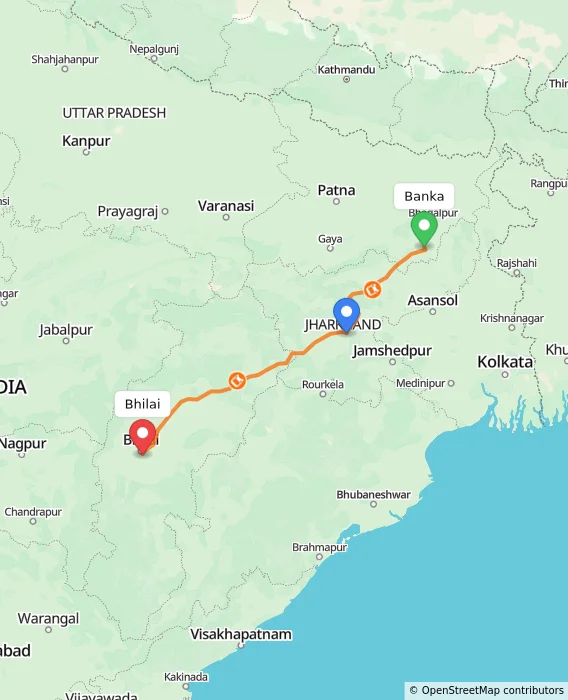 Route map showing distance and travel time from Banka, India to Bhilai, India