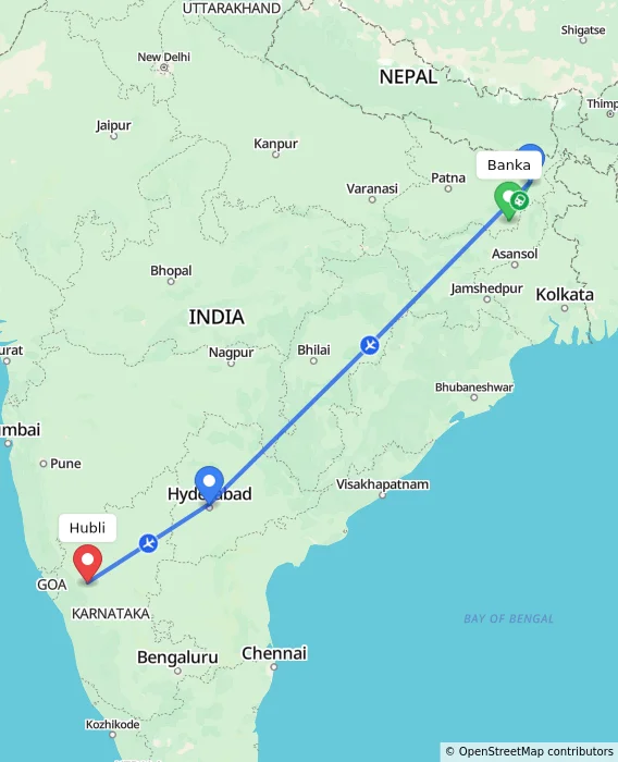 Route map showing distance and travel time from Banka, India to Hubli, India