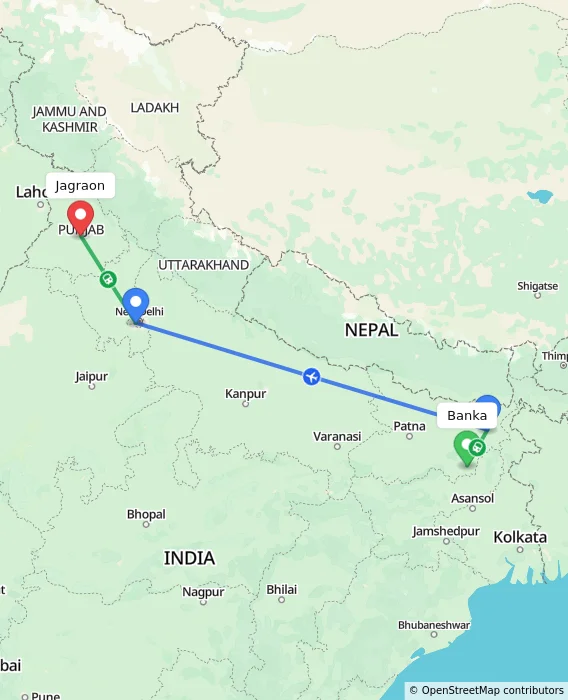 Route map showing distance and travel time from Banka, India to Jagraon, India