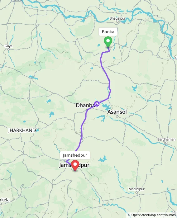 Route map showing distance and travel time from Banka, India to Jamshedpur, India