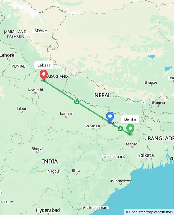 Route map showing distance and travel time from Banka, India to Laksar, India