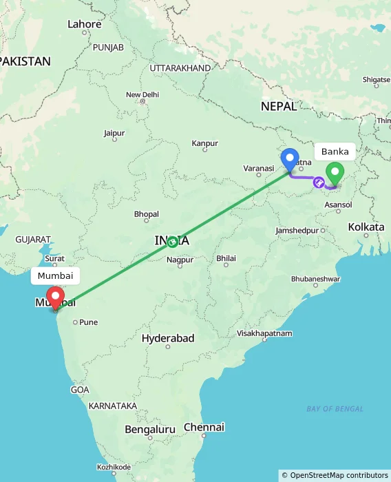 Route map showing distance and travel time from Banka, India to Mumbai, India