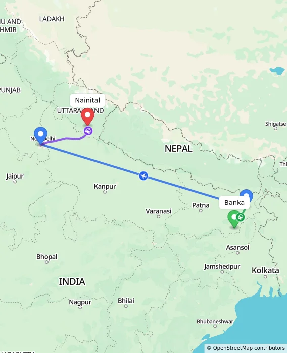 Route map showing distance and travel time from Banka, India to Nainital, India