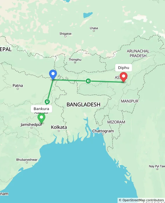Route map showing distance and travel time from Bankura, India to Diphu, India