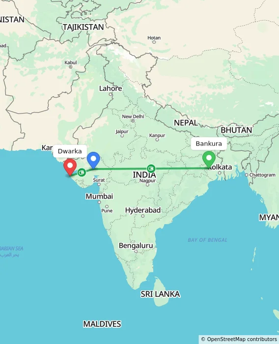Route map showing distance and travel time from Bankura, India to Dwarka, India
