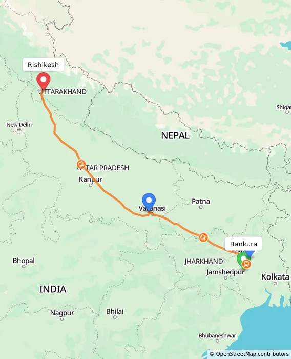 Route map showing distance and travel time from Bankura, India to Rishikesh, India