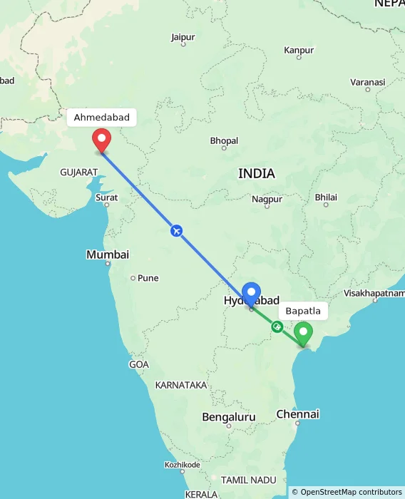 Route map showing distance and travel time from Bapatla, India to Ahmedabad, India