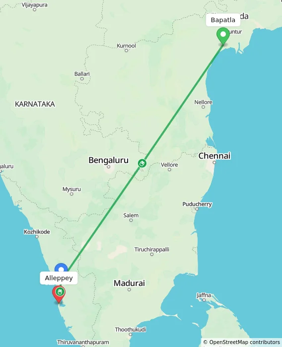 Route map showing distance and travel time from Bapatla, India to Alappuzha, India