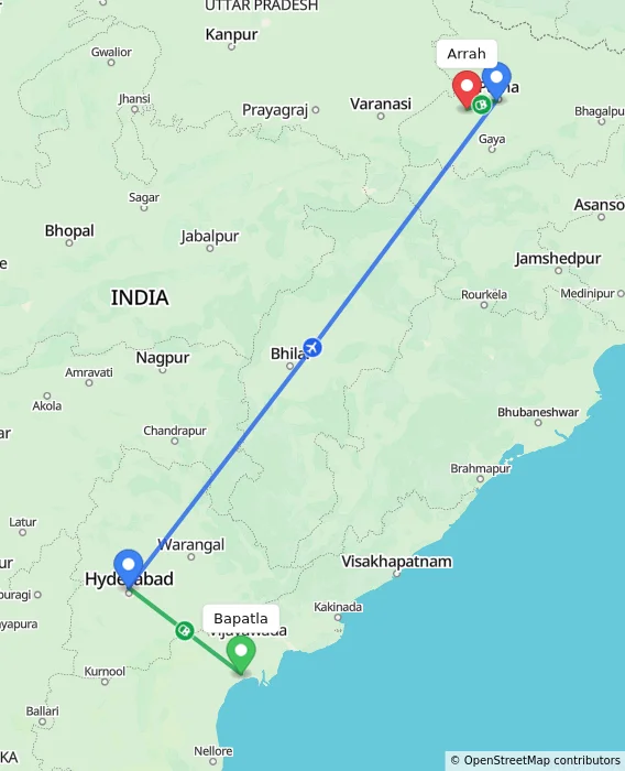 Route map showing distance and travel time from Bapatla, India to Arrah, India