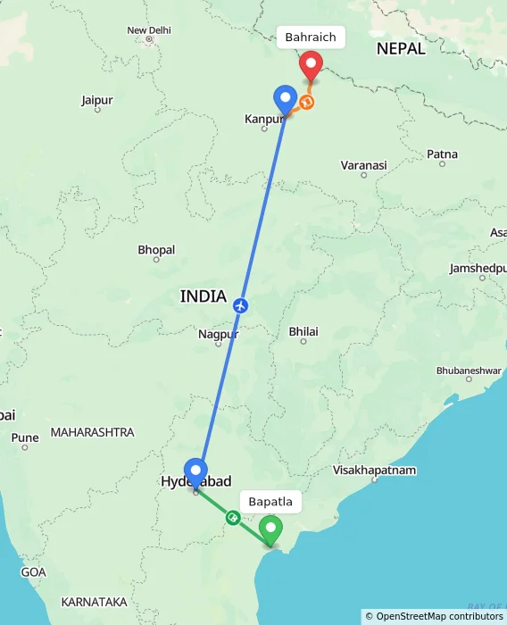 Route map showing distance and travel time from Bapatla, India to Bahraich, India