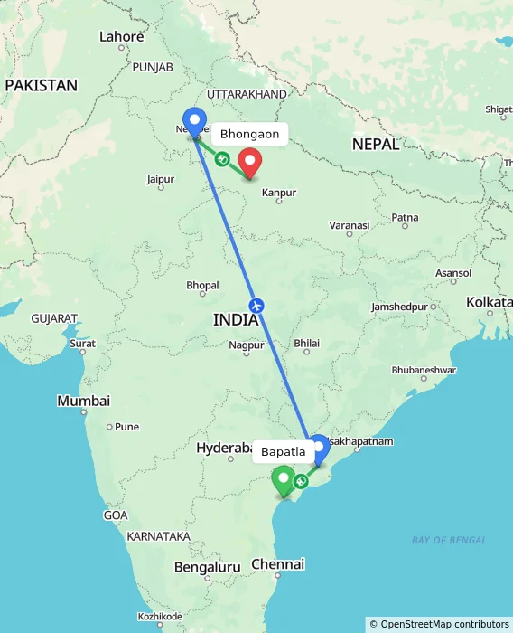 Route map showing distance and travel time from Bapatla, India to Bhongaon, India