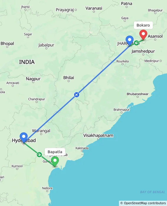 Route map showing distance and travel time from Bapatla, India to Bokaro, India