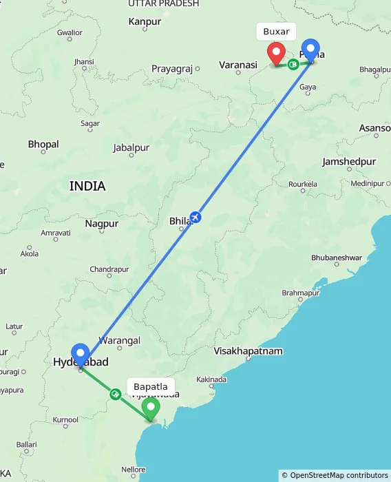 Route map showing distance and travel time from Bapatla, India to Buxar, India