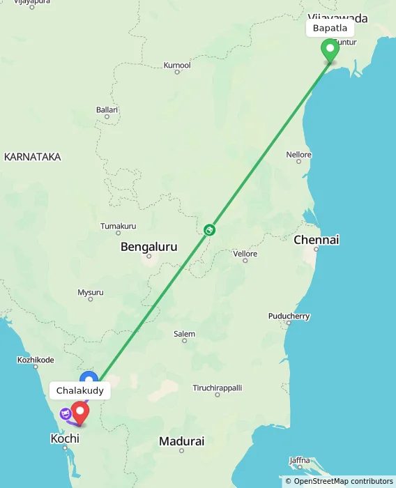 Route map showing distance and travel time from Bapatla, India to Chalakudy, India