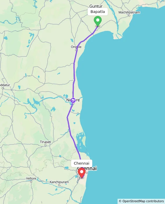 Route map showing distance and travel time from Bapatla, India to Chennai, India