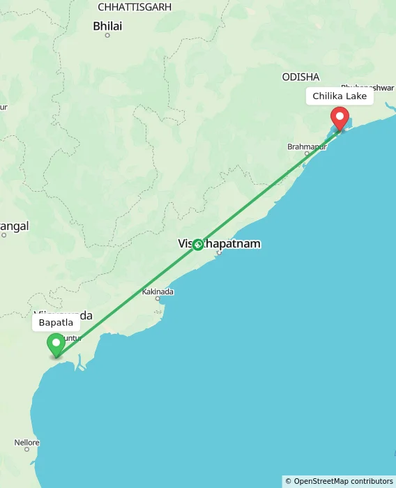 Route map showing distance and travel time from Bapatla, India to Chilika Lake, India