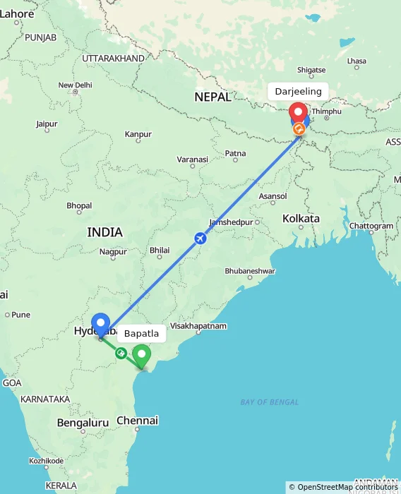 Route map showing distance and travel time from Bapatla, India to Darjeeling, India