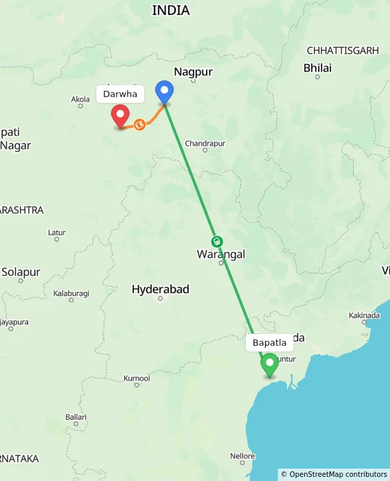 Route map showing distance and travel time from Bapatla, India to Darwha, India