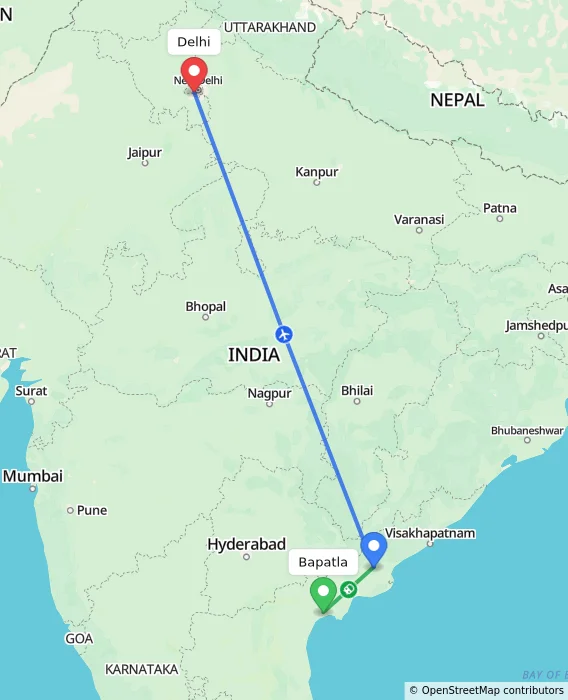 Route map showing distance and travel time from Bapatla, India to Delhi, India