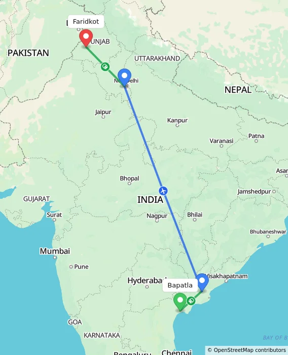 Route map showing distance and travel time from Bapatla, India to Faridkot, India