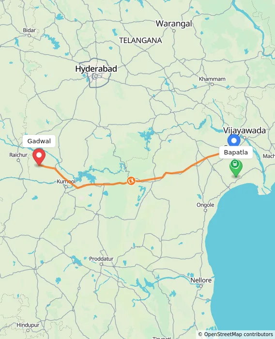 Route map showing distance and travel time from Bapatla, India to Gadwal, India