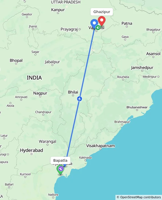 Route map showing distance and travel time from Bapatla, India to Ghazipur, India
