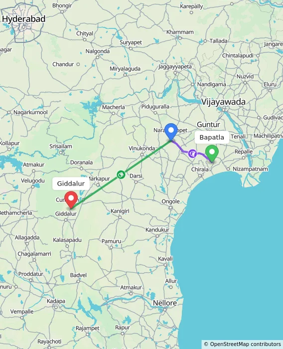 Route map showing distance and travel time from Bapatla, India to Giddalur, India