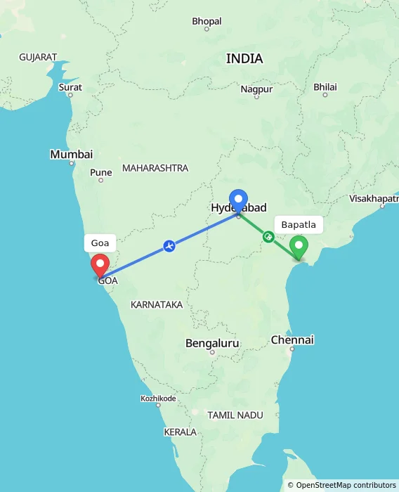 Route map showing distance and travel time from Bapatla, India to Goa, India