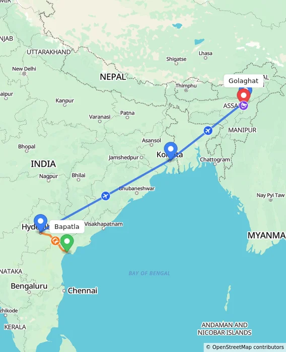 Route map showing distance and travel time from Bapatla, India to Golaghat, India