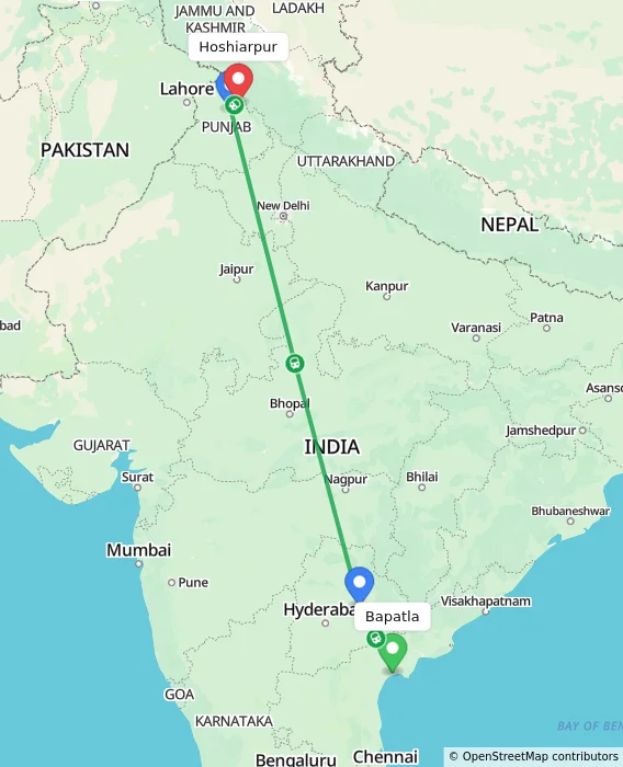 Route map showing distance and travel time from Bapatla, India to Hoshiarpur, India