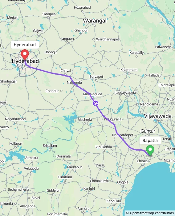 Route map showing distance and travel time from Bapatla, India to Hyderabad, India