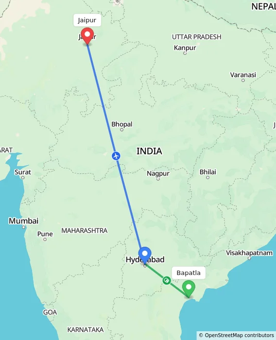 Route map showing distance and travel time from Bapatla, India to Jaipur, India
