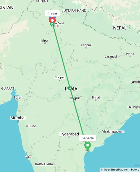 Route map showing distance and travel time from Bapatla, India to Jhajjar, India