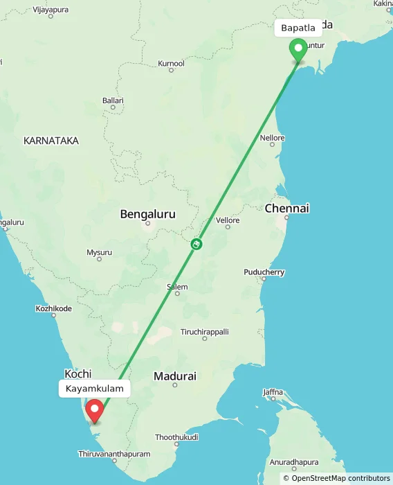 Route map showing distance and travel time from Bapatla, India to Kayamkulam, India