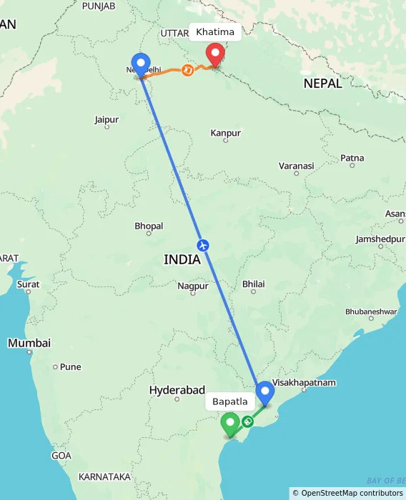 Route map showing distance and travel time from Bapatla, India to Khatima, India