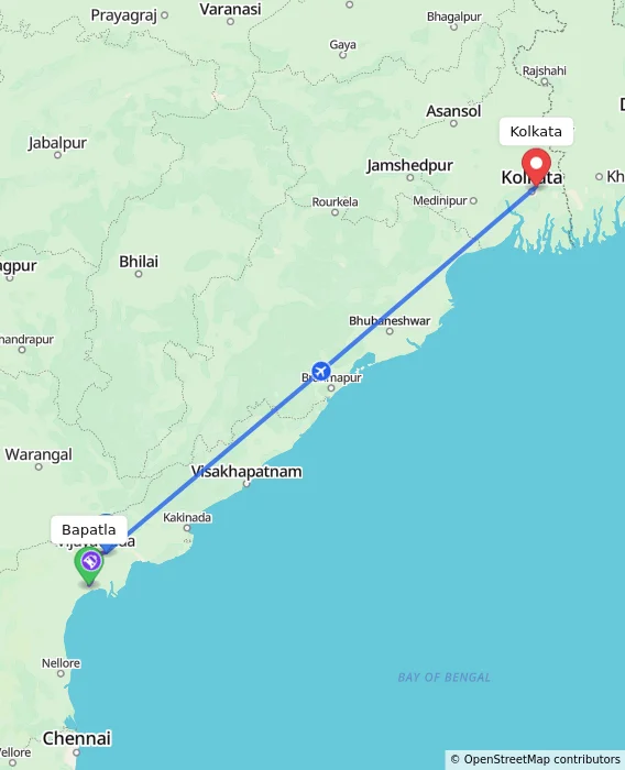 Route map showing distance and travel time from Bapatla, India to Kolkata, India