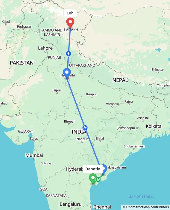 Route map showing distance and travel time from Bapatla, India to Leh, India